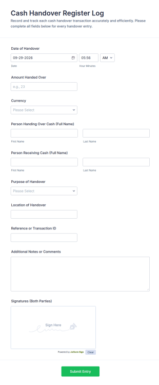 Cash Handover Register Log Form Template