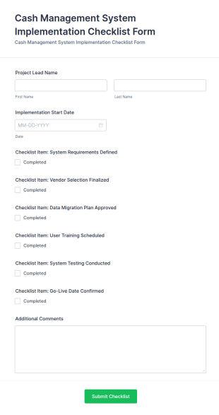 Cash Management System Implementation Checklist Form Template