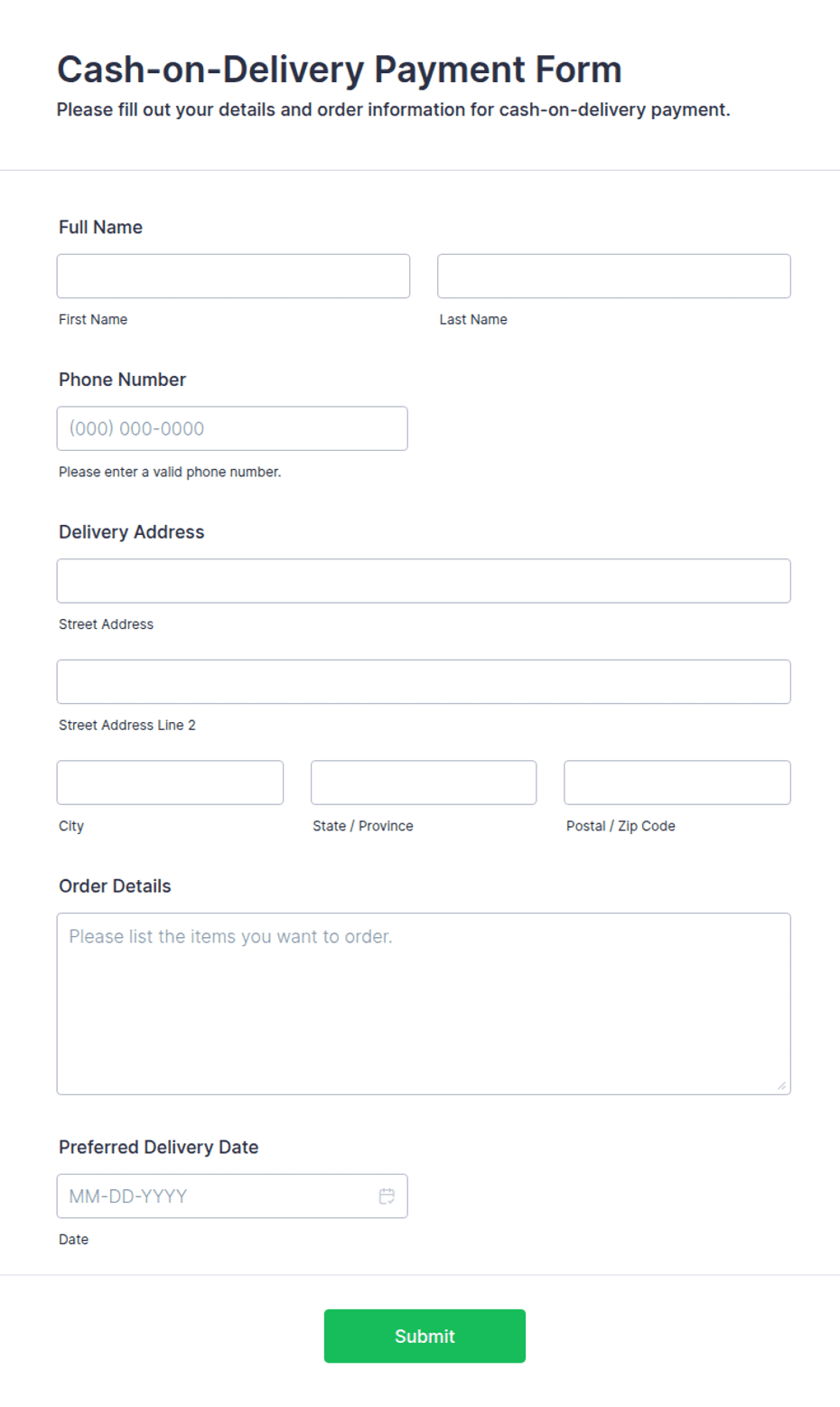 Delivery Incentive Form Cash-on-Delivery Payment Form Template | Jotform
