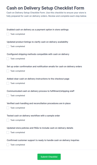 Cash On Delivery Setup Checklist Form Template