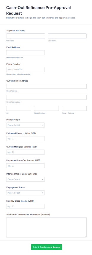 Cash Out Refinance Pre Approval Request Form Template