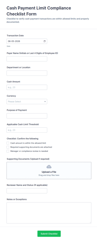 Cash Payment Limit Compliance Checklist Form Template