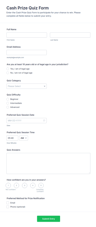 Cash Prize Quiz Form Template