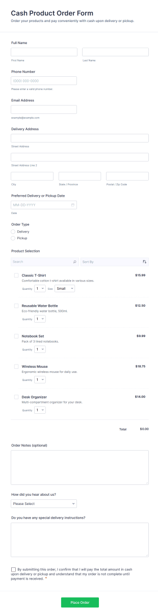Cash Product Order Form Template