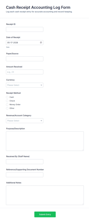 Cash Receipt Accounting Log Form Template