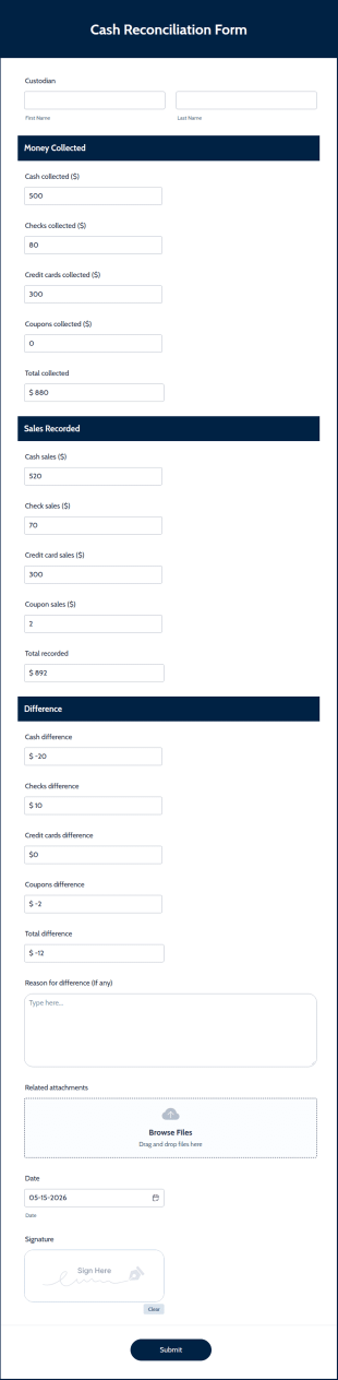 Cash Reconciliation Form Template
