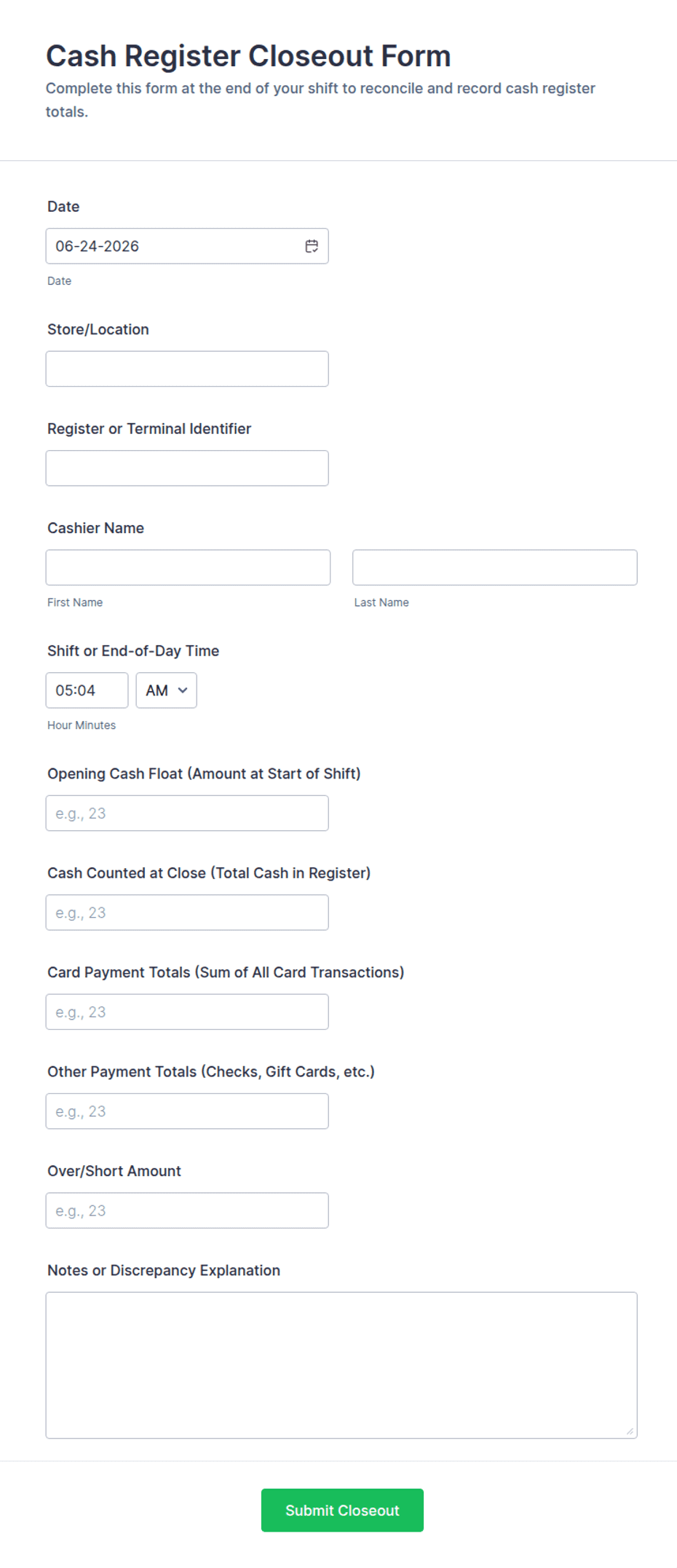 Cash Register Closeout Form Template | Jotform