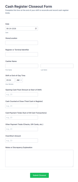Cash Register Closeout Form Template