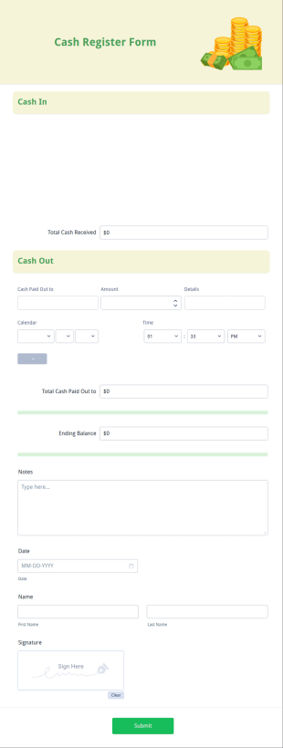 Cash Register Form Template
