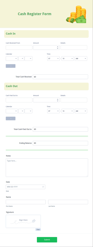 Cash Register Form Template