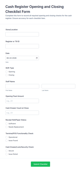 Cash Register Opening And Closing Checklist Form Template