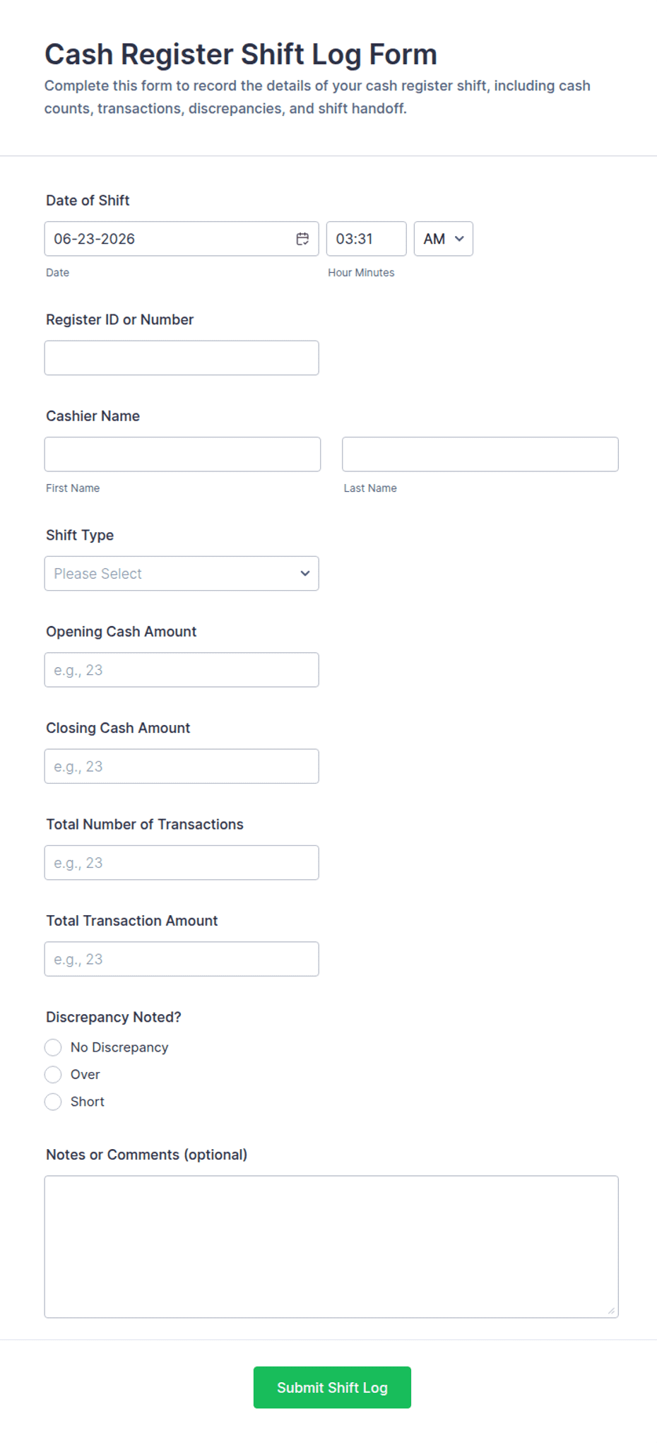 Cash Register Shift Log Form Template | Jotform