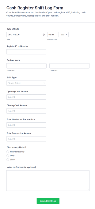 Cash Register Shift Log Form Template