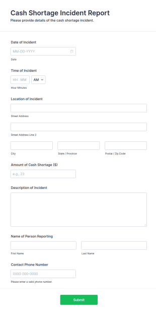 Cash Shortage Incident Report Form Template