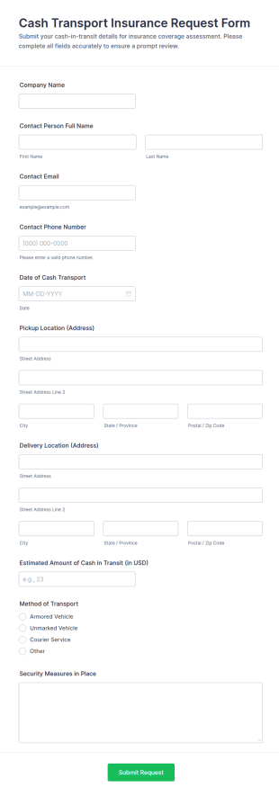 Cash Transport Insurance Request Form Template
