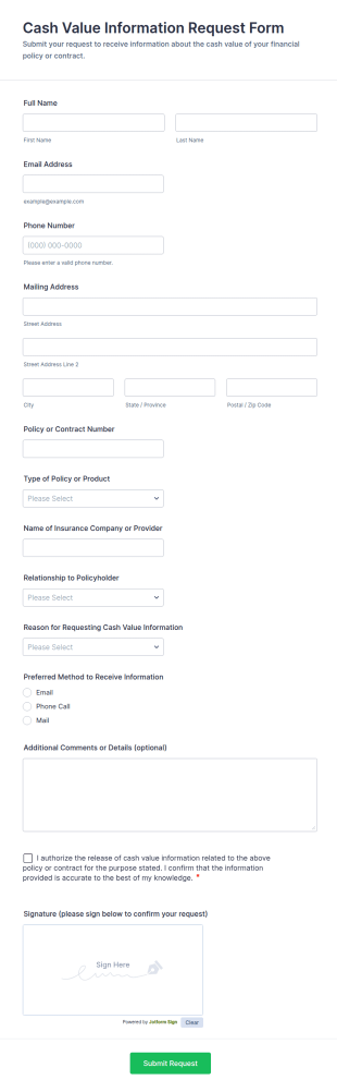 Cash Value Information Request Form Template