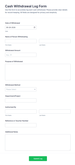 Cash Withdrawal Log Form Template