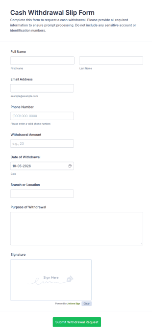 Cash Withdrawal Slip Form Template