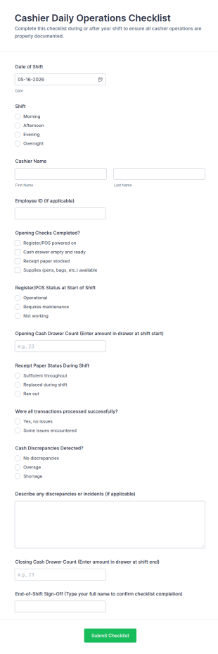Cashier Daily Operations Checklist Form Template