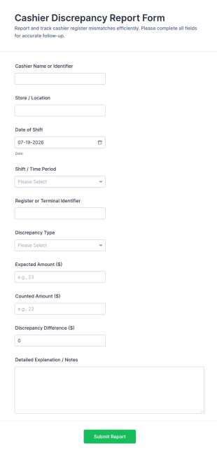 Cashier Discrepancy Report Form Template