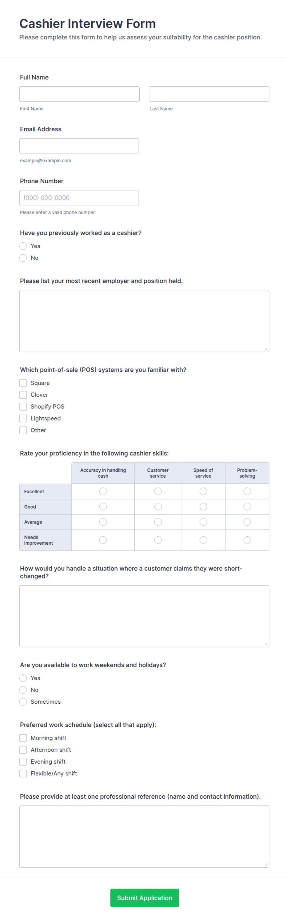 Cashier Interview Form Template | Jotform