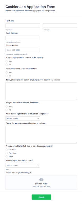Cashier Job Application Form Template