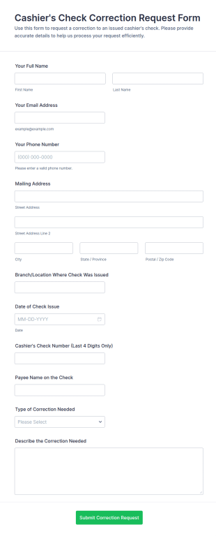 Cashier's Check Correction Request Form Template