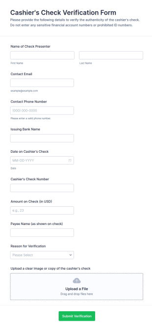 Cashier's Check Verification Form Template