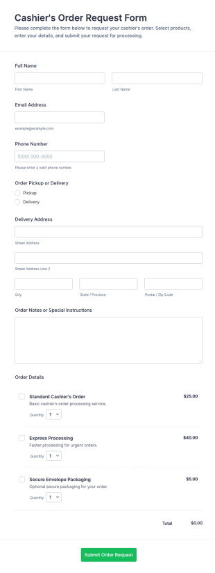 Cashier's Order Request Form Template