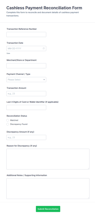 Cashless Payment Reconciliation Form Template