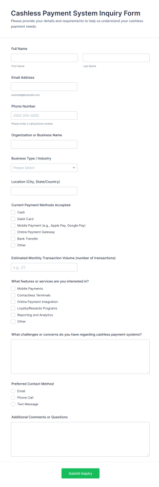 Cashless Payment System Inquiry Form Template