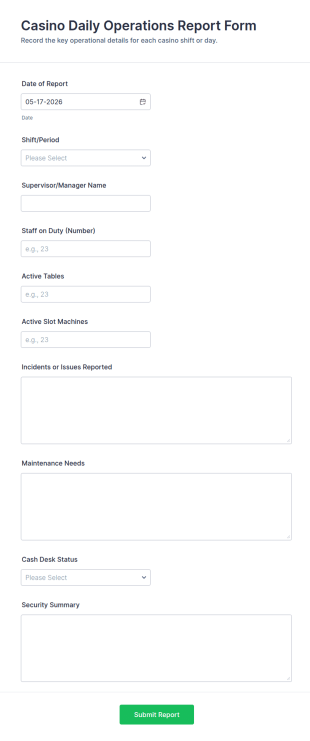 Casino Daily Operations Report Form Template