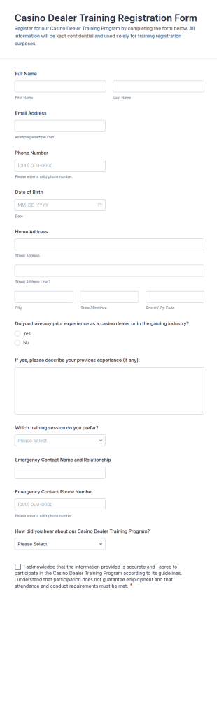 Casino Dealer Training Registration Form Template