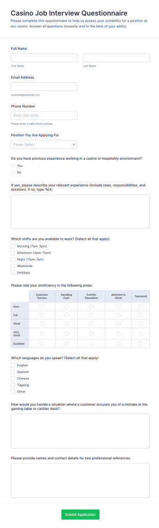 Casino Job Interview Questionnaire Form Template