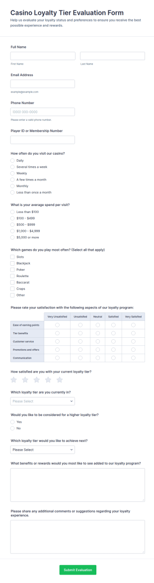 Casino Loyalty Tier Evaluation Form Template