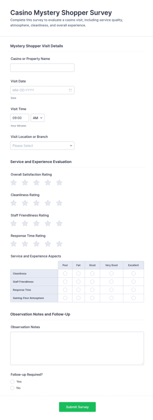 Casino Mystery Shopper Survey Form Template