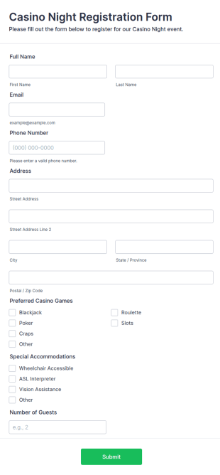 Casino Night Registration Form Template