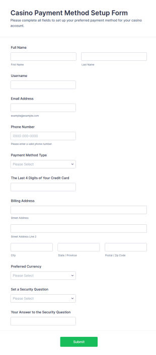 Casino Payment Method Setup Form Template