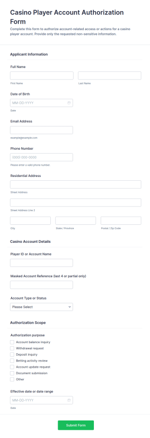 Casino Player Account Authorization Form Template
