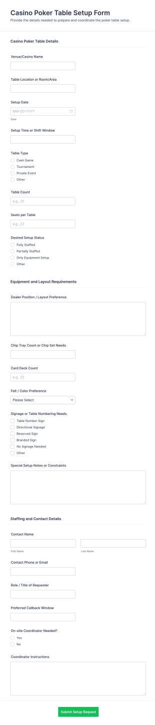 Casino Poker Table Setup Form Template