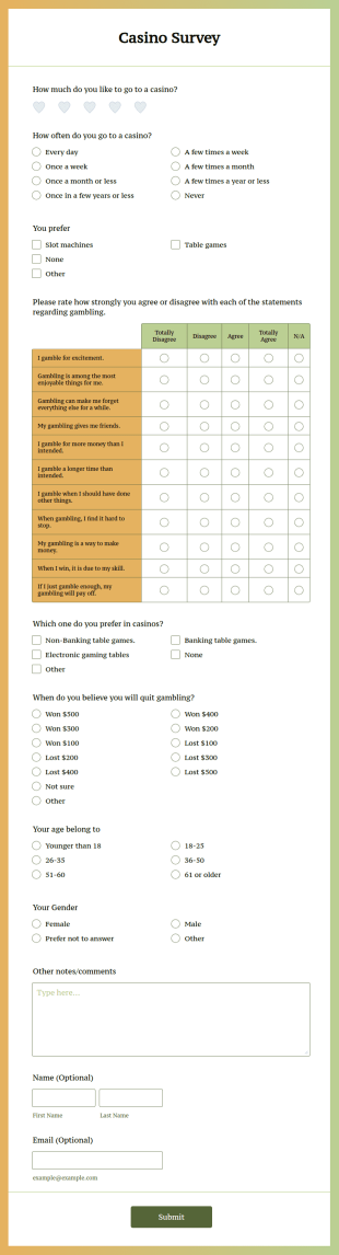 Casino Survey Form Template