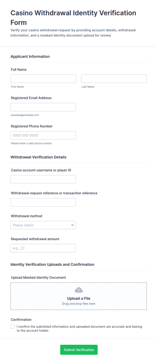 Casino Withdrawal Identity Verification Form Template