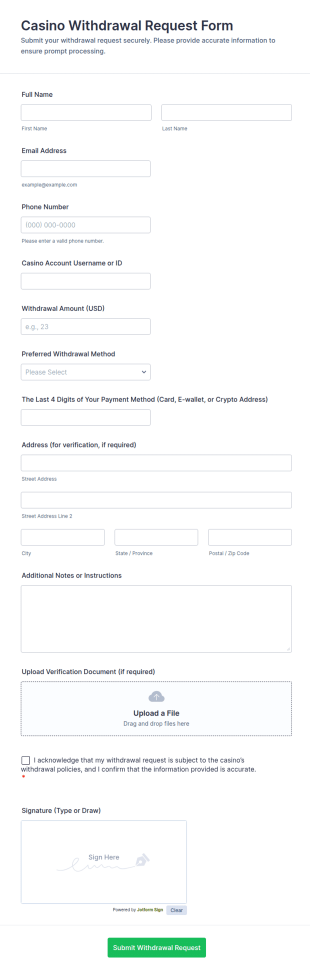 Casino Withdrawal Request Form Template