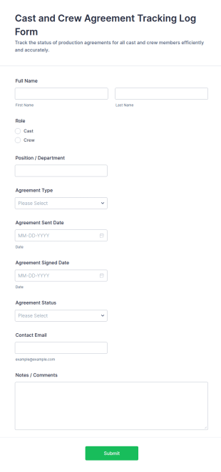 Cast And Crew Agreement Tracking Log Form Template