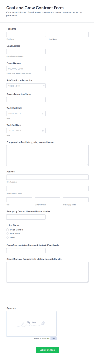 Cast And Crew Contract Form Template