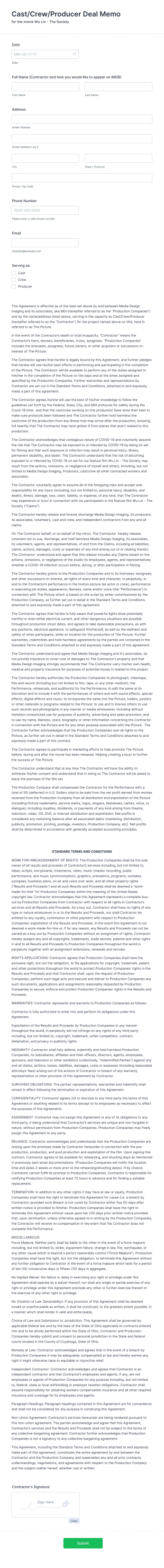 Cast/Crew/Producer Deal Memo Deferred Form Template