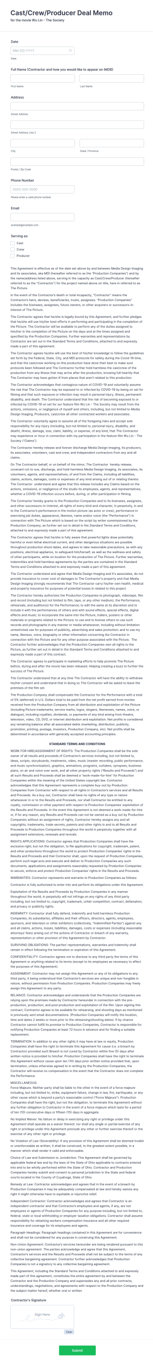 Producer Deal Memo Agreement Form Template