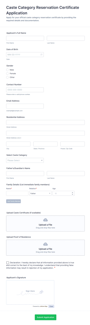 Caste Category Reservation Certificate Application Form Template