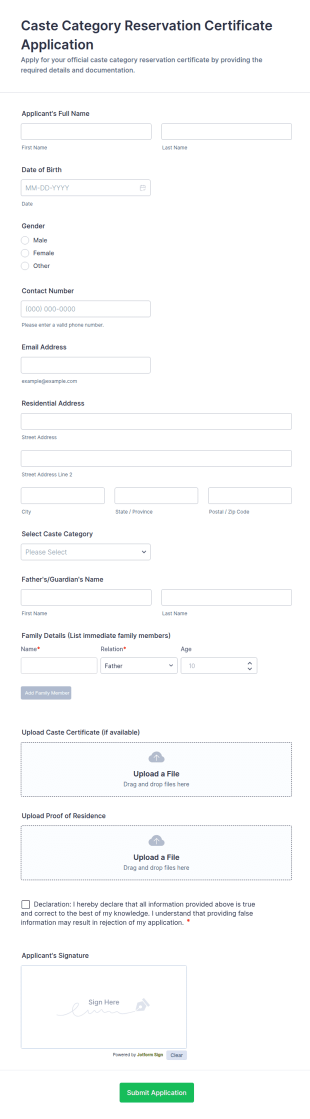 Caste Category Reservation Certificate Application Form Template