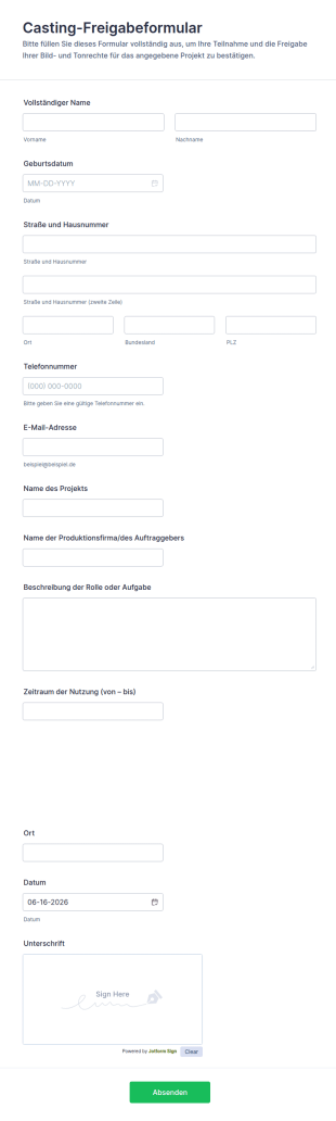 Casting Aufruf Freigabe Formular